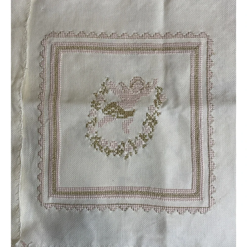 Vintage Lot Of 2 Handmade Cross Stitch Cherubs 11